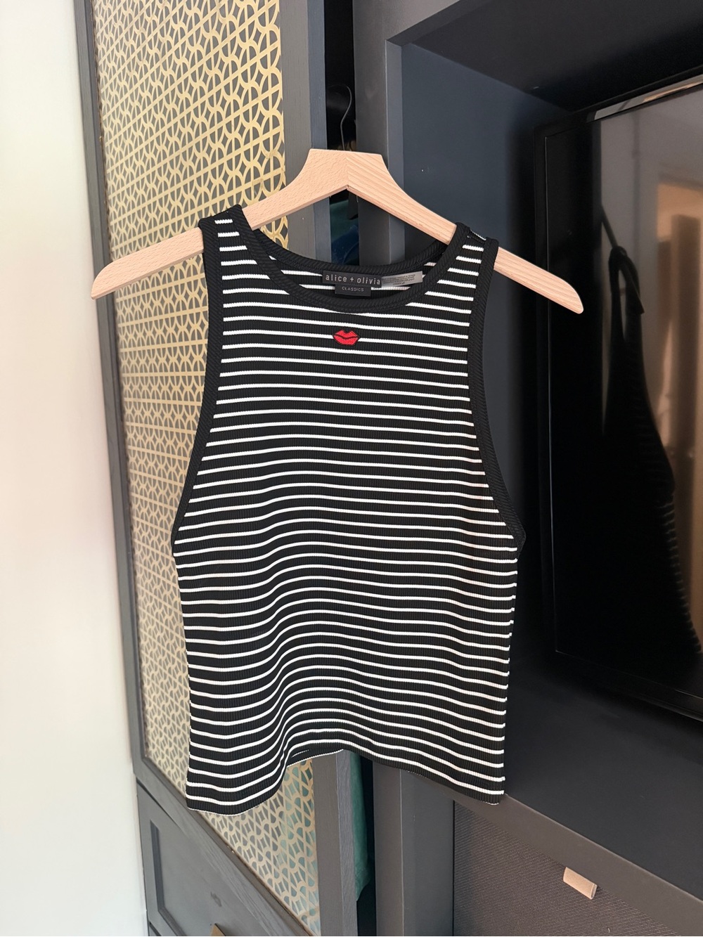 Alice + Olivia Black & White Striped Ribbed Tank with Red Lip Patch